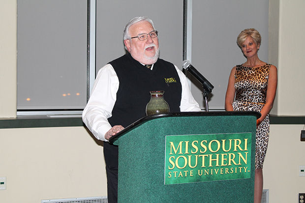 Bob+Harrington+gives+a+speech+after+being+recognized+during+the+Joplin+Regional+Business+Journal%E2%80%99s+Regional+Men+of+Distinction+ceremony+Nov.+3+at+Missouri+Southern.