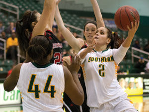 Senior guard Camila Lacerda goes up for a shot during a home game on Nov. 29, 2014, against Northwestern Oklahoma State. Lacerda scored 12 points to help Southern to a 77-33 victory.