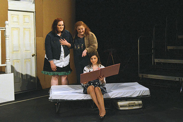 Junior Miranda Nealy (left), freshman Erica Zayn (right), and sophomore Valerie Stockton (front) rehearse for Southern’s upcoming production of Crimes of the Heart in the Bud Walton Theatre on Tuesday, Jan. 20.