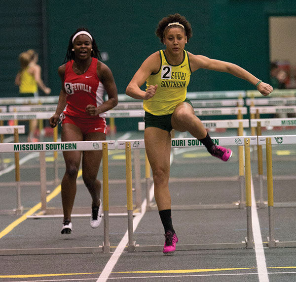 Kaylee Morgan jumps hurdles at the Missouri Southern indoor track meet on Saturday, January 16 in Leggett & Platt Athletic Center