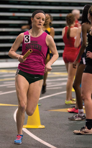 Emily Harris finished the race for Southern on Friday, Feb. 6 in Leggett & Platt Athletic Center. Dana Roberson, Amber White, Kindra Emberton, and Emily Harris placed first in the womens distance medley.