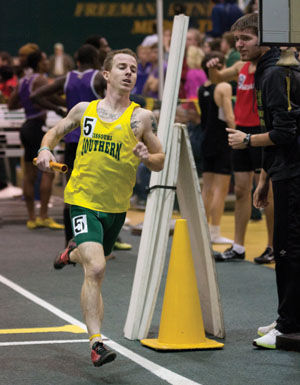 Andrew Webster runs the mens distance medley on Friday, Feb. 6 in Leggett and Platt Athletic Center. Thomas Zeilman, Thomas Hawkins, miles Migliara, and Andrew Webster took 4th for Missouri Southern.