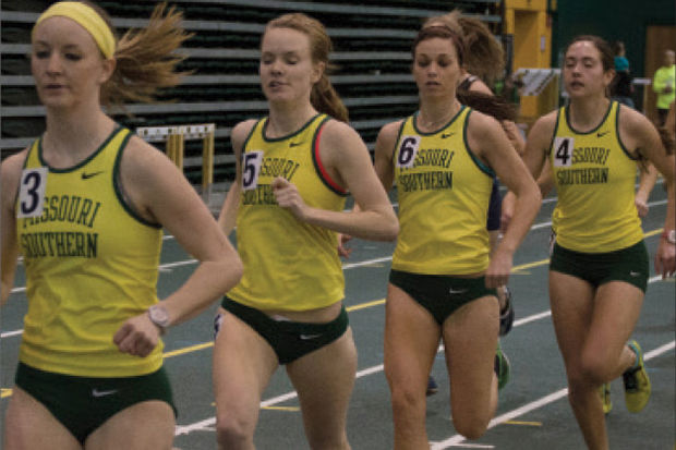 Distance+runners+%5Bleft+to+right%5D+Emily+Harris%2C+Dana+Roberson%2C+Addie+Mengwasser+and+Shelby+Werner+push+the+pace+during+one+of+the+races+at+the+MSSU+Open+held+in+the+Leggett+%26amp%3B+Platt+Athletic+Center+on+Jan.+16.+The+Lions+won+three+events+in+the+first+indoor+meet+of+the+semester.