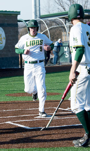 Junior transfer outfielder Chris Hoffman touches the plate following a home run against Missouri S&T on March 3, 2015. Hoffman leads the Lions in RBI’s, hits and total bases.