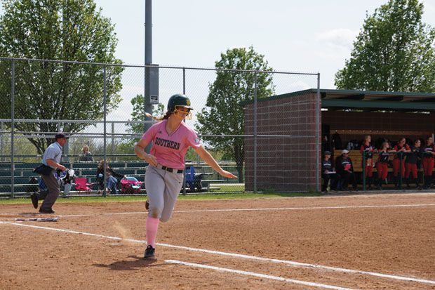 Junior+Michala+Wood+hustles+down+the+first+base+line+following+a+single+she+hit+to+center+field+in+the+Pride4Pink+game+against+Central+Missouri%2C+on+April+21%2C+2015.+Wood%2C+on+the+day%2C+went+2-4+at+the+plate%2C+with+one+RBI+and+a+walk.+The+Lions+were+swept+by+the+conference+leading+Jennies.+Final+scores%2C+6-4+and+11-0+in+five+innings.%C2%A0