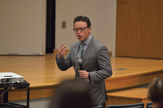 Jeff Bucholtz gives a presentation on preventing sexual violence Feb. 24 in Corely Auditorium.