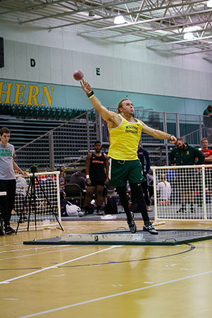Senior Tyler Hovey throwing the shot put ball at the MSSU Lion Open inside the Leggett & Platt Athletic Center on Feb. 6, 2016. Hovey placed second in the event with a provisional mark and distance of 53-03.50. Hovey has had two top five performances in the shot put event this indoor season.