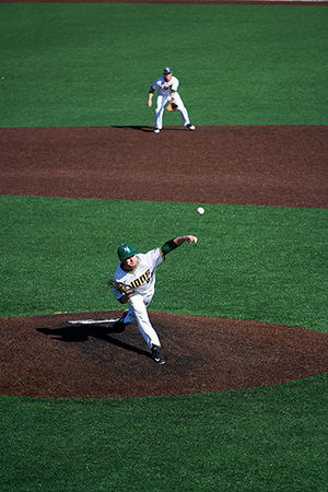 Senior pitcher Payton Walker delivering a pitch to the plate on Warren Turner Field on Feb. 12 against Bemidji State. Walker is 3-0 on the season. He’s pitched 22 innings, allowing only two runs off 10 hits in three starts. Walker set the all-time MSSU strikeout record with an 11 strikeout performance against Lindenwood on Feb. 27. He now has 211 career strikeouts, passing Doug Stockham (84-87). 