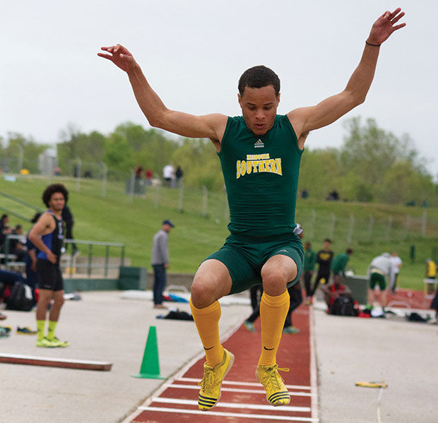 Sophomore+Kennan+Harrison+gliding+through+the+air+at+the+MSSU+Track+at+Fred+G.+Hughes+Stadium+in+the+Bill+Williams%2FBob+Laptad+Invitational+on+Apr.+24%2C+2015.+In+last+year%E2%80%99s+Bill+Williams%2FBob+Laptad+Invitational%2C+Harrison+placed+12th+in+the+long+jump+and+2nd+in+the+triple+jump+event.%C2%A0+Harrison+hasn%E2%80%99t+competed+since+Mar.+25+at+the+Pittsburg+State+Wendy%E2%80%99s+Invitational.%C2%A0