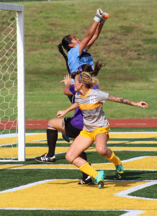 Freshman goalkeeper Luz Galindo punching the ball out of the box inside Fred G. Hughes stadium against Ouachita Baptist on Sept. 9, 2016. Galindo has allowed only five goals in six games this season. Galindo, from Maricopa, Ariz., has started six of seven games at the net for the Lions with a save percentage above 0.825 and two shutouts. 