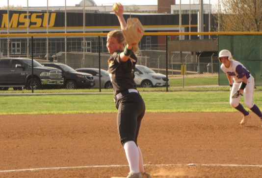 Abby Atkin winding up for a pitch against Southwest Baptist University on Apr. 3 