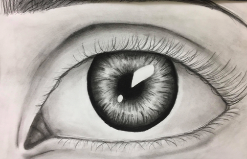 An eye drawing done by Elaine Parrigon, senior art education major 