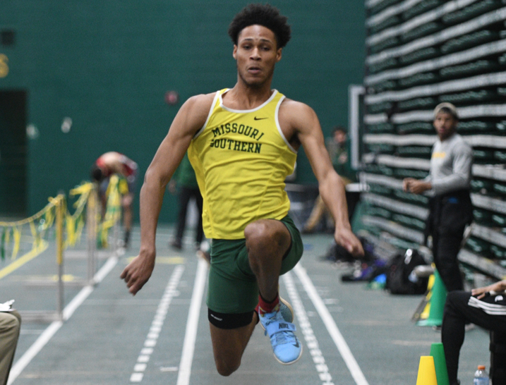 Adrian Broadus competing in the long jump at the MSSU Lion Open on Feb. 1 