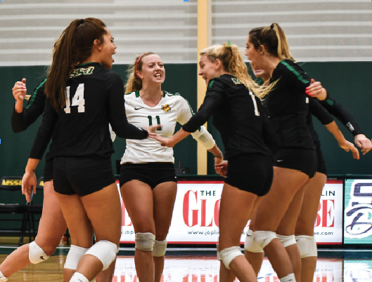 Lions celebrating after scoring a point against Cameron University on Sept. 7   