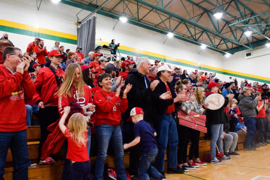Fans stand to applaud the Cardinals representatives who came Missouri Southerns Robert Ellis Young Gymnasium on Jan. 18, 2020 for the annual Cardinals Caravan.