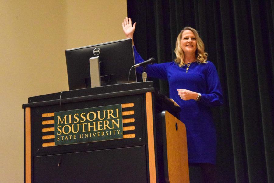Colleen McCain Nelson discussing her travels with Hillary Clinton in Webster Halls Corley Auditorium on March 10.