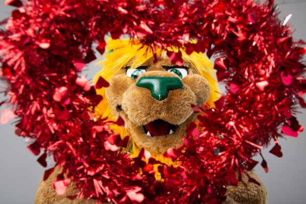 Southern Mascot, Roary the Lion, playfully celebrates the Valentines day holiday with a big read heart